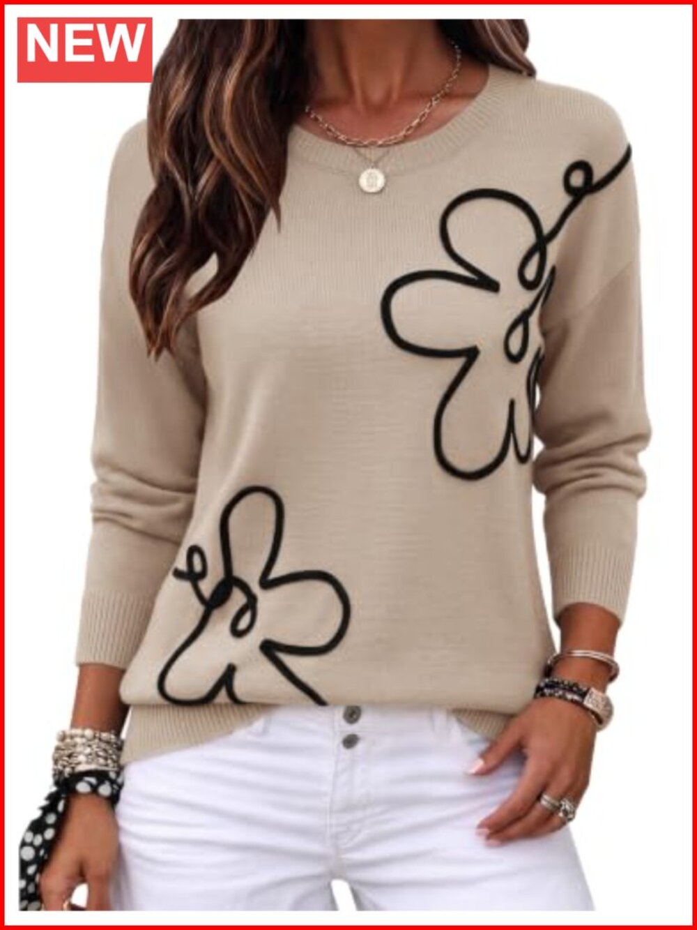3D Floral Applique Crewneck Long Sleeve Knit Pullover Sweater for Women